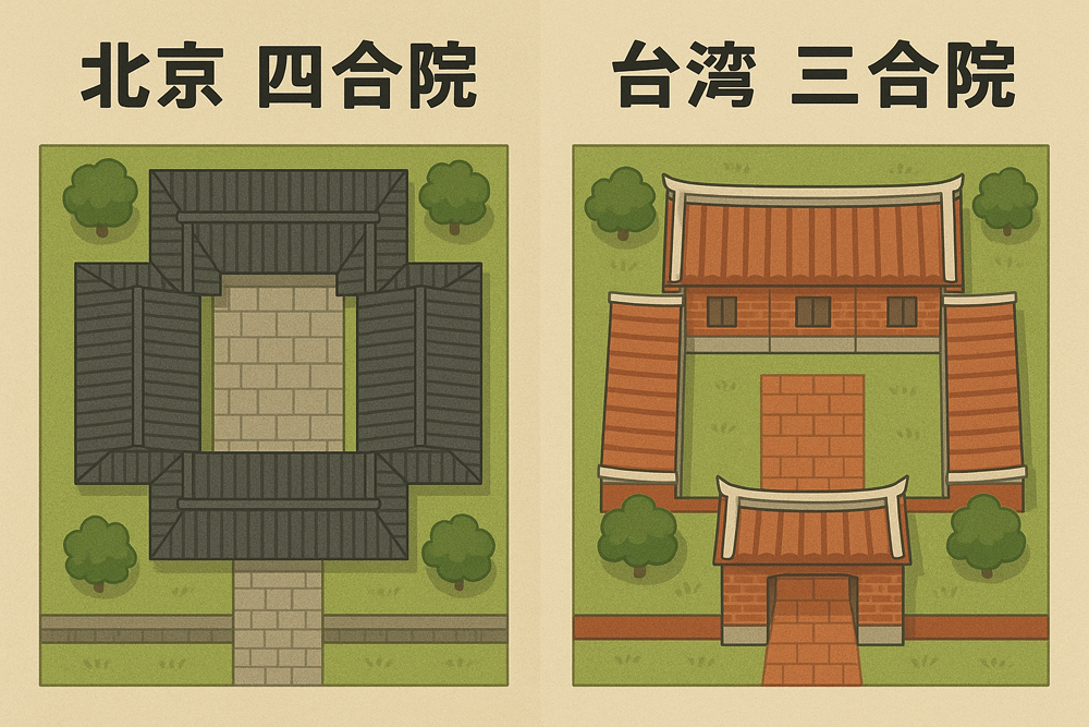 三合院と四合院の比較図