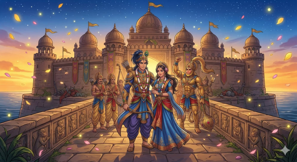 ラーマーヤナ姫を連れ戻し王になるシーン